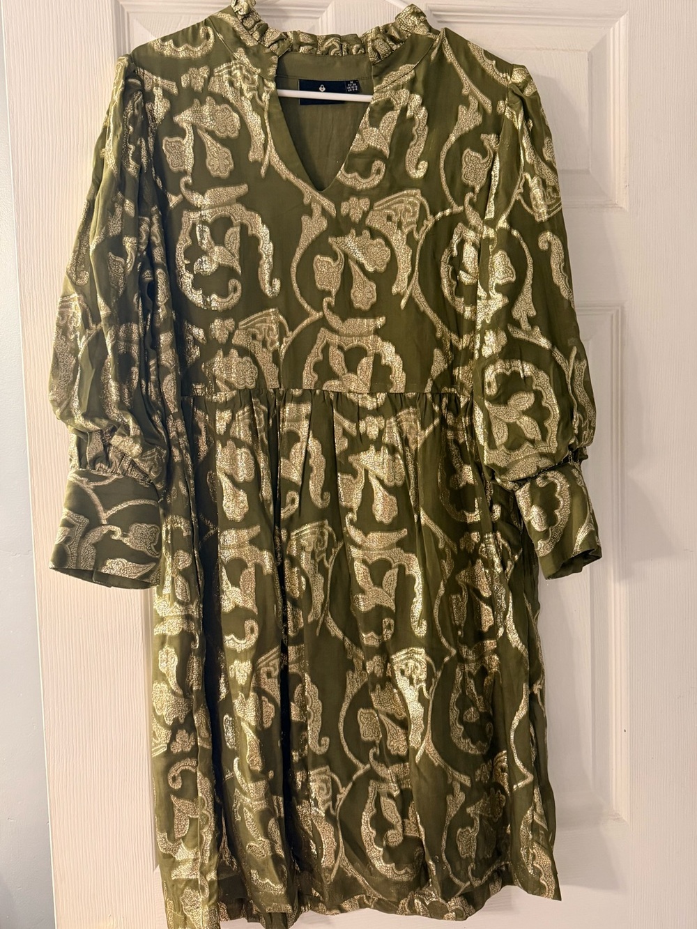 Emily Locklove Olive Green Metallic Jacquard V-Neck Dress